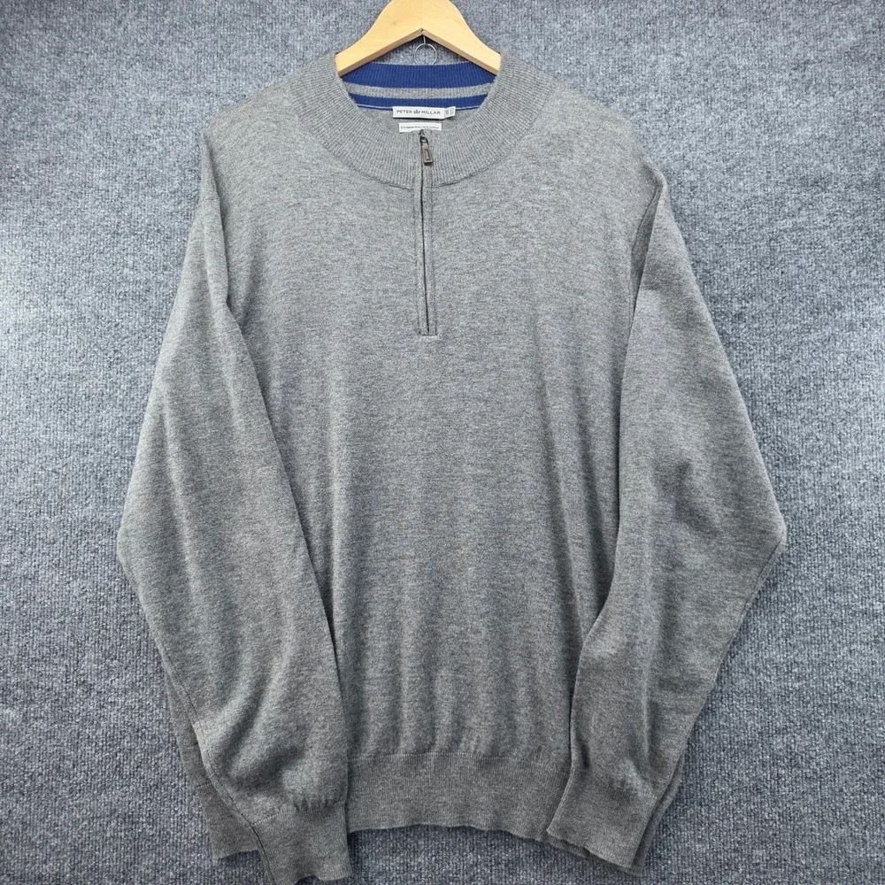 Peter Millar Mens XL Grey Merino Wool Cotton Blend Quarter Zip Sweater Mock Neck